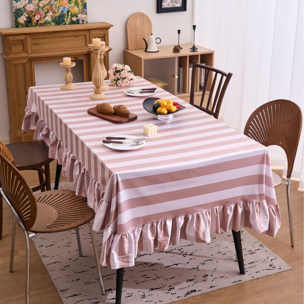 Striped Ruffled Lace Tablecloth Round Dust Proof Wrinkle Resistant Table Cover for Kitchen Party Dining Decoration Table Cloth
