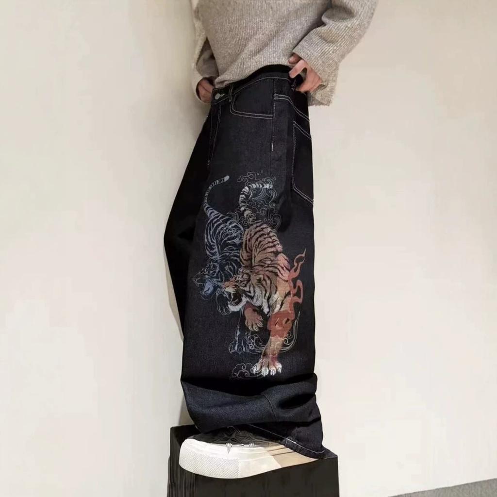 European and American Design Sense Printed Casual Trousers Street Trend Loose Wide-footed Jeans