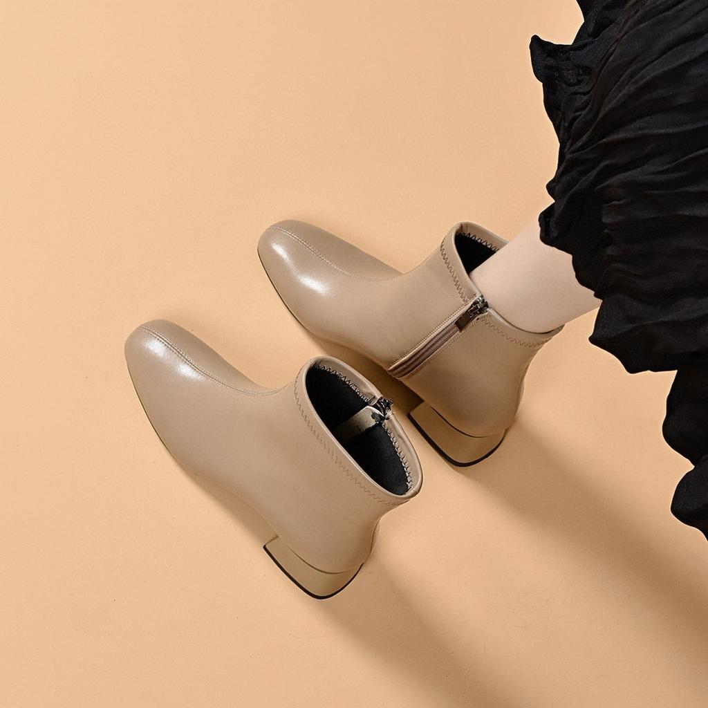Leather Boots Women's New Simple Temperament Straight Boots Low Heel Square Head Fashion Boots Women's Boots Cotton Boots