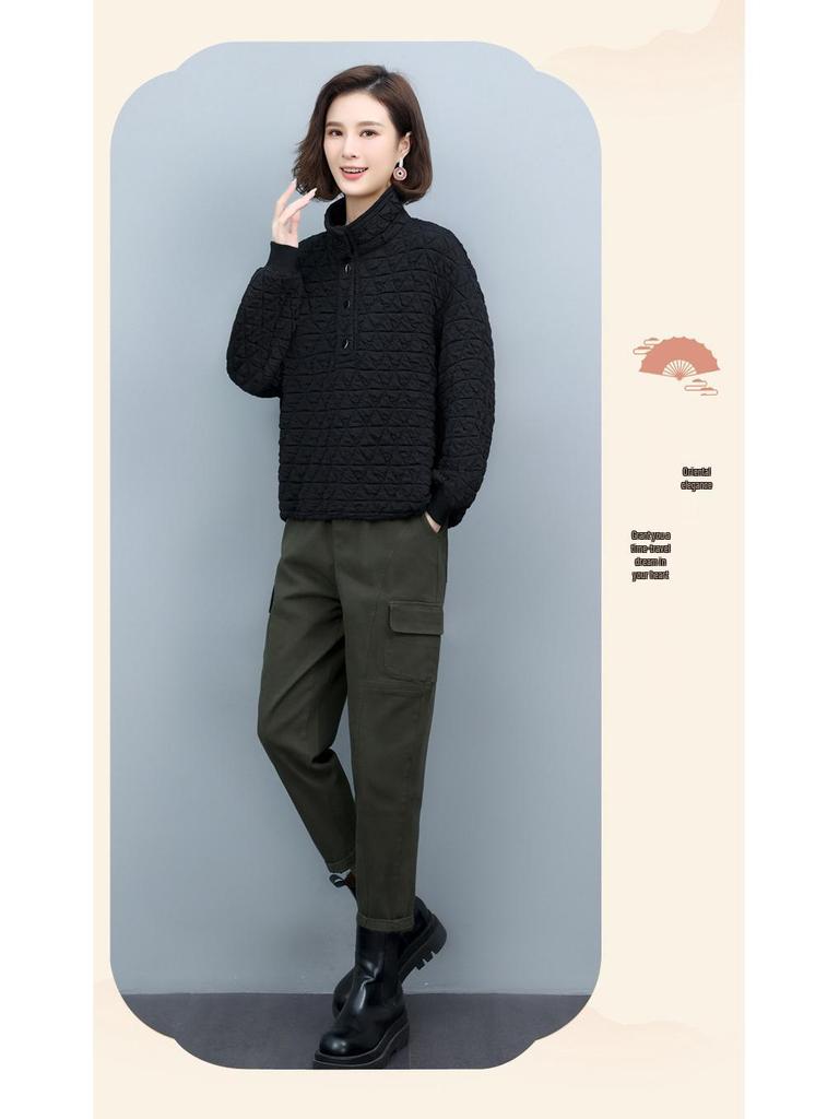 Women's 2024 Autumn/Winter Quilted Sweatshirt - Loose Casual Pullover for Middle-Aged Fashion