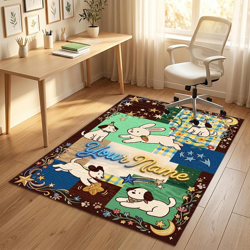 Dog Theme Crystal Velvet Rug Personalized Custom Name Text Soft Floor Mat Home Decor