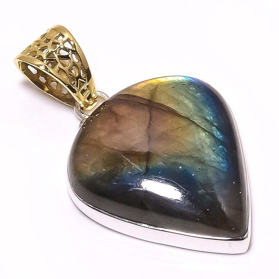 Natural Labradorite Gemstone 925 Sterling Silver Two Tone Pendant 1.65" H9D57