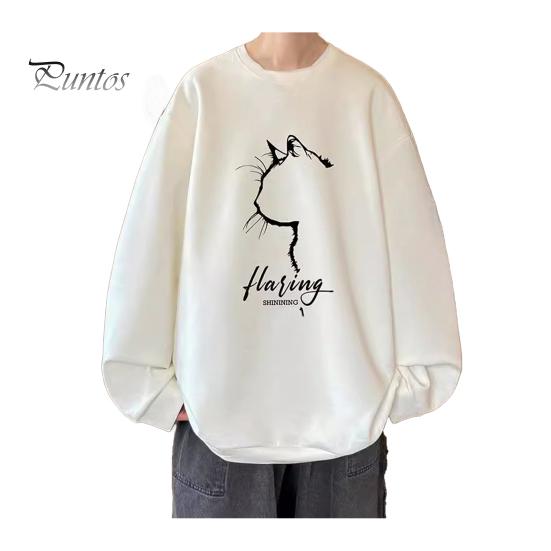 

Мужская свободная толстовка в стиле хип-хоп с принтом профиля кошки и круглым вырезом, свободный однотонный толстый плюшевый свитер средней длины, повседневный спортивный уличный топ L белый