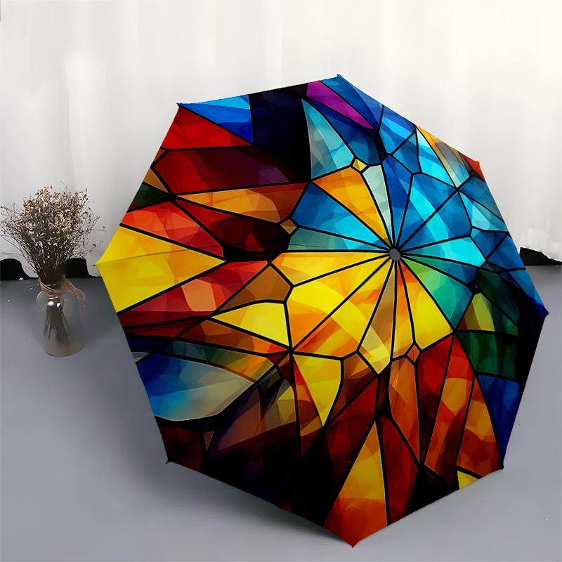 1 Stück Bunter Buntglas-Design Automatischer Faltregenschirm - Tragbares Dreifach faltbares Design mit 8-Speichen-Eisenrahmen, Outdoor, Festliches Geschenk für Fans, Reise