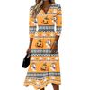 Women’s Casual V Neck Midi Dress with Back Zipper and Handprint Pattern Three Quarter Sleeves Waist Design