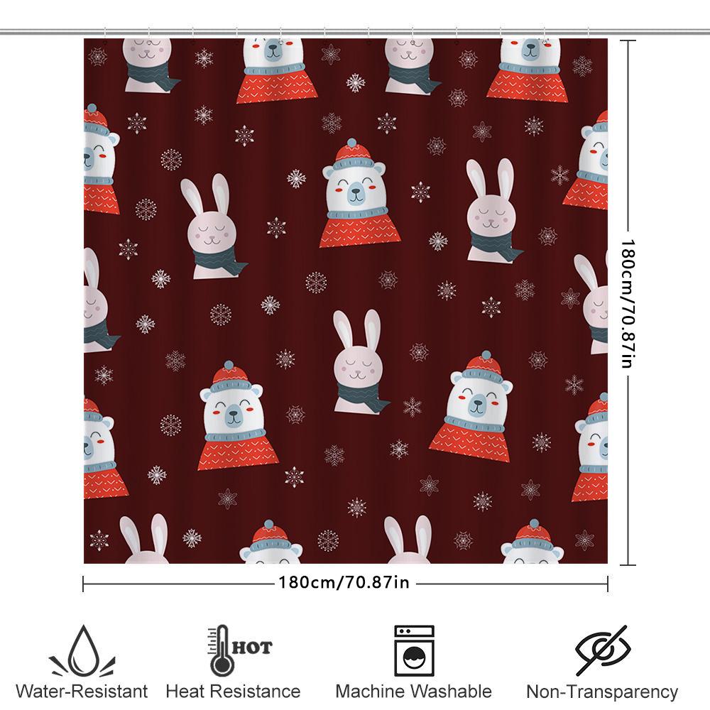 Bathroom Decoration Christmas Shower Curtain with Winter Wonderland Theme Featuring Red Teddy Bears and Snowflakes for Bathroom