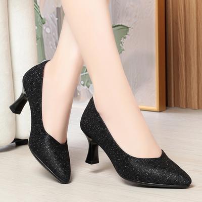 Fashion Elegant Spring Shallow Bling Gold Wedding Shoes Women's Pumps 2024 Med Block Heels Shoes For Office Party Dress Work Champagne