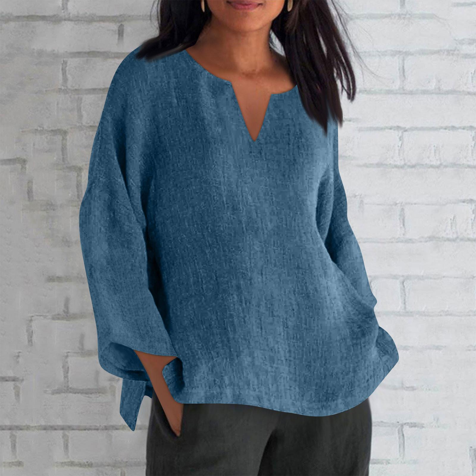 

Женская мода с длинным рукавом и V-образным вырезом, однотонная свободная повседневная рубашка XXXL тёмно-синий