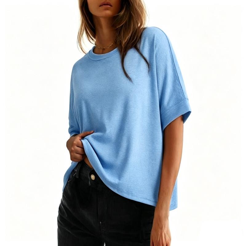 JPNTKY Women's Fashion Casual Solid Color Print O-Neck Short Sleeve Blouses & Shirts