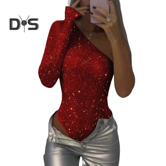 

Женский сексуальный боди с пайетками, длинный рукав, одно плечо, топ-труба, комбинезон, женский облегающий цельный комбинезон для вечеринок, клубов, баров L