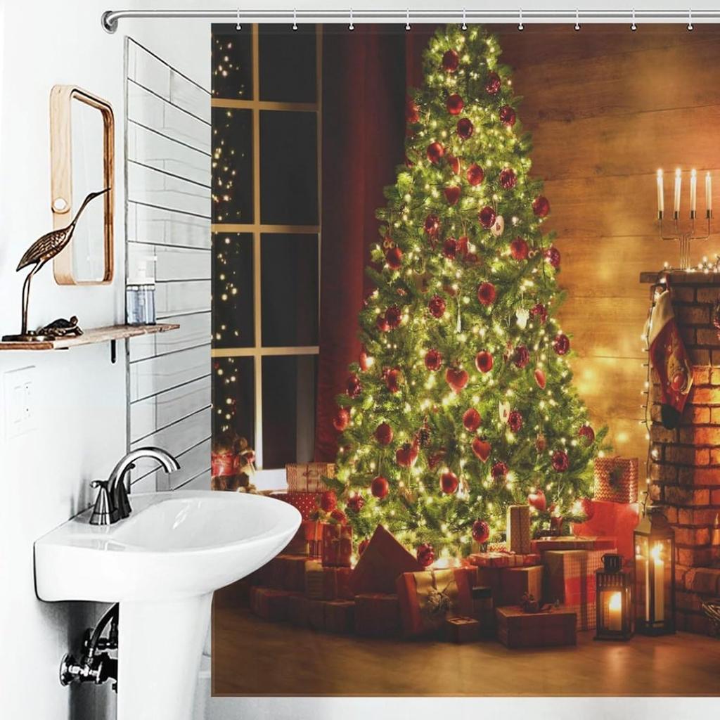 Christmas Shower Curtain,Winter Fireplace Xmas Trees Gifts Printed New Year Waterproof Fabric Bathroom Shower Curtain Set with