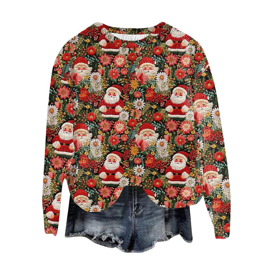 Women's Fashion Round Neck Pullover Top Long Sleeve Tee Christmas Printed Sweatshirt