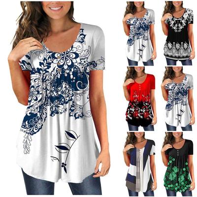 Damestuniek met korte mouwen, losse tops, casual grote maten tops, geplooide tuniek, knoop-T-shirts
