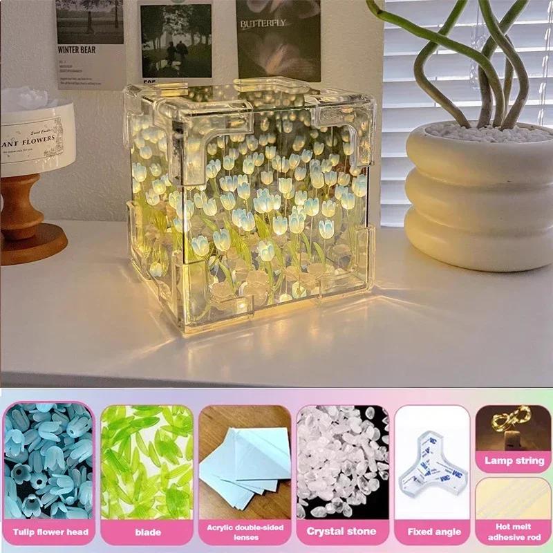 Artificial Tulip Night Light with Transparent Cover Handmade DIY Bedside Lamp LED Night Light Home Decoration Atmosphere Light