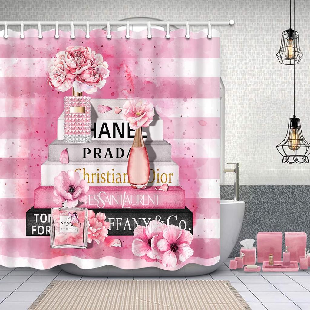 Fashion Luxury Girly Shower Curtain Pink Floral Shower Curtains Perfume Waterproof Polyester Fabric Shower Curtains for Bathroom Decor with 12 Hooks,