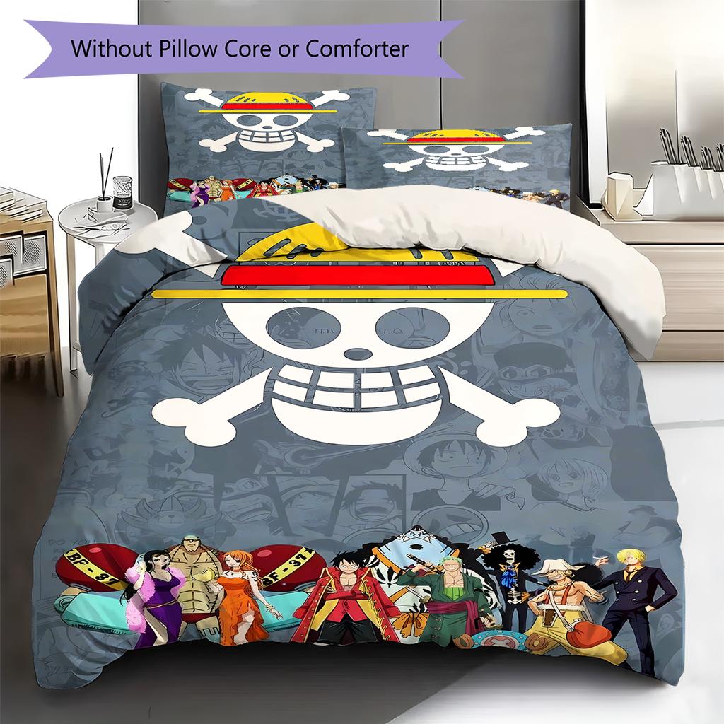 Anime Pirate Adventure Pattern Bedding Quilt Set Quilt Cover Pillowcase Home Decoration Birthday Gift (1 * Duvet Cover + 2 * Pillowcase, Without Core)