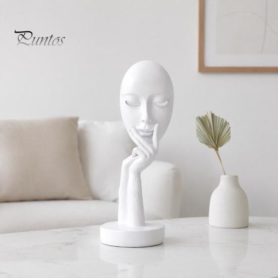 Stable Base Decoration Abstract Contemplative Face Resin Sculpture, Minimalist Hand-on-Chin Bust Statue for Desk Living Brushed Black Ornament