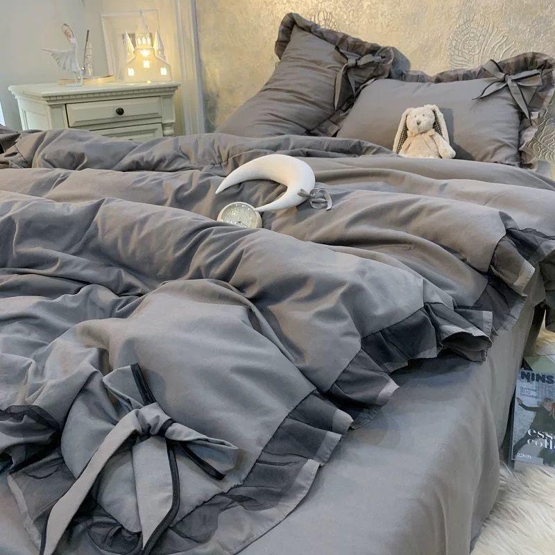 Nordic Grey White Quilt Cover Korean Prinsess Bow Girl Bedding Sets Simple Solid Color Bedclothes Decor Bedroom