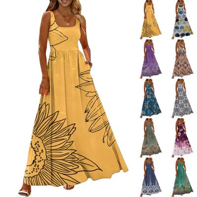 Damen Sommerkleid mit Blumenmuster, lässig und modisch, ärmellos, lang