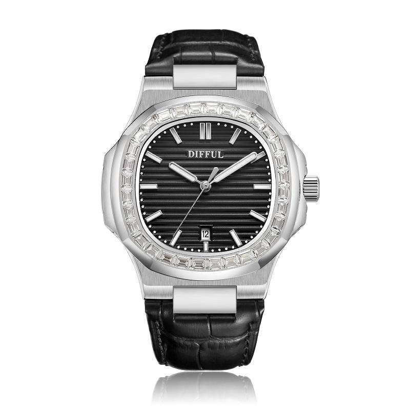 Luxury Leather Band Men s Quartz Watch Iced Moissanite Blue Fashion Classic Montre Leather Band