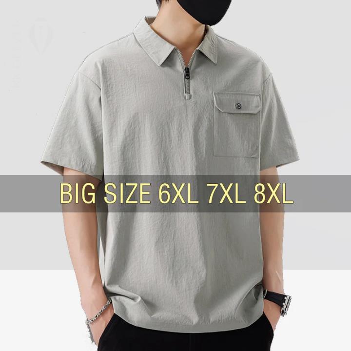 Camisa Polo para Hombre Manga Corta Verano Bolsillo Oversize 8XL Talla Grande Camiseta Cremallera Transpirable Holgada Masculina Suave