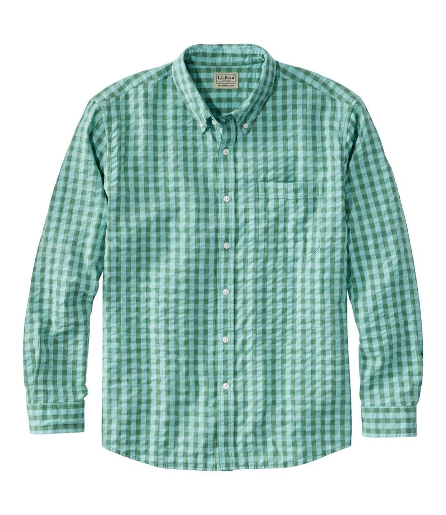 LL Bean Organic Cotton Seersucker Long Japan Pale 1000182635 Men's Shirt, Sleeve, Plaid, Fit, XL, Turquoise, Blue,