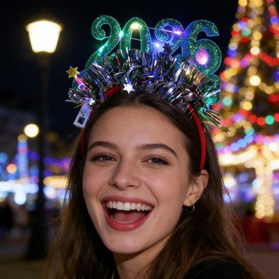 Hair Hoop 2026 Shiny Sequin Headband Elastic Festive Hairband with Plush Ribbons Colorful New Year Party Accessory