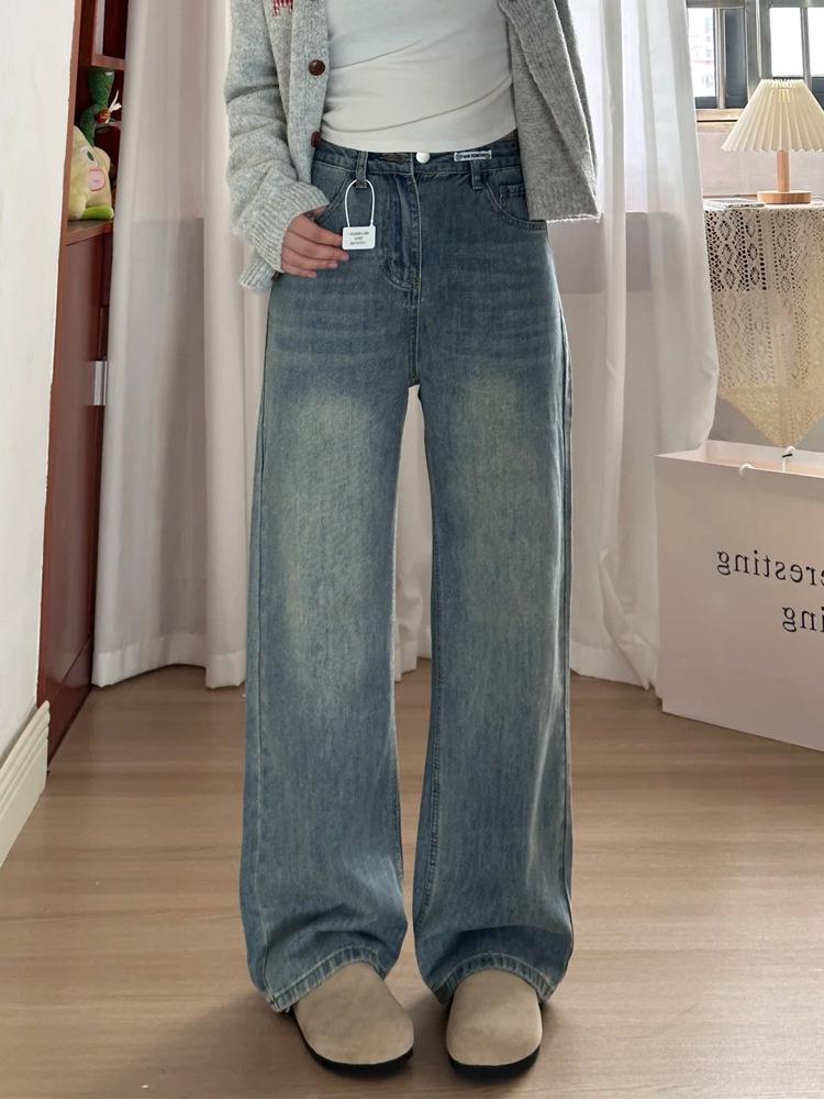 

Women s Retro Blue Fleece-Lined Plus Size Straight-Leg Jeans for Autumn/Winter L синий