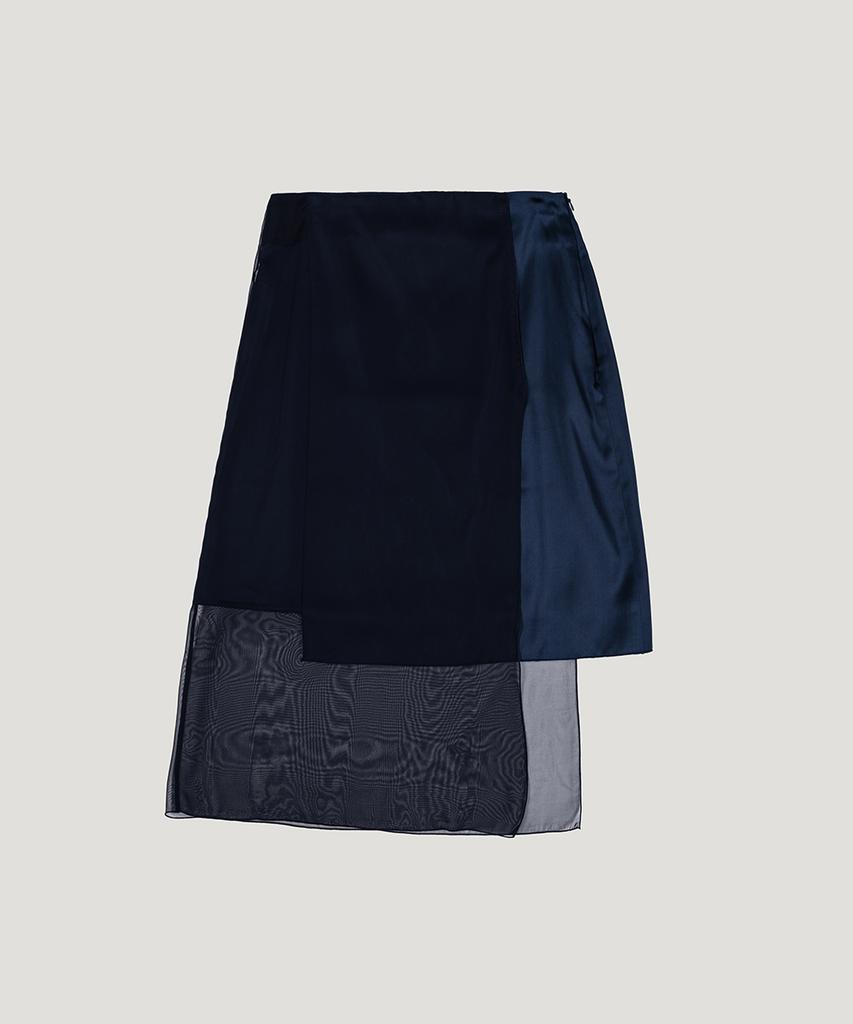 Eosseu Asymmetrical See-Through Layered Skirt (Navy)