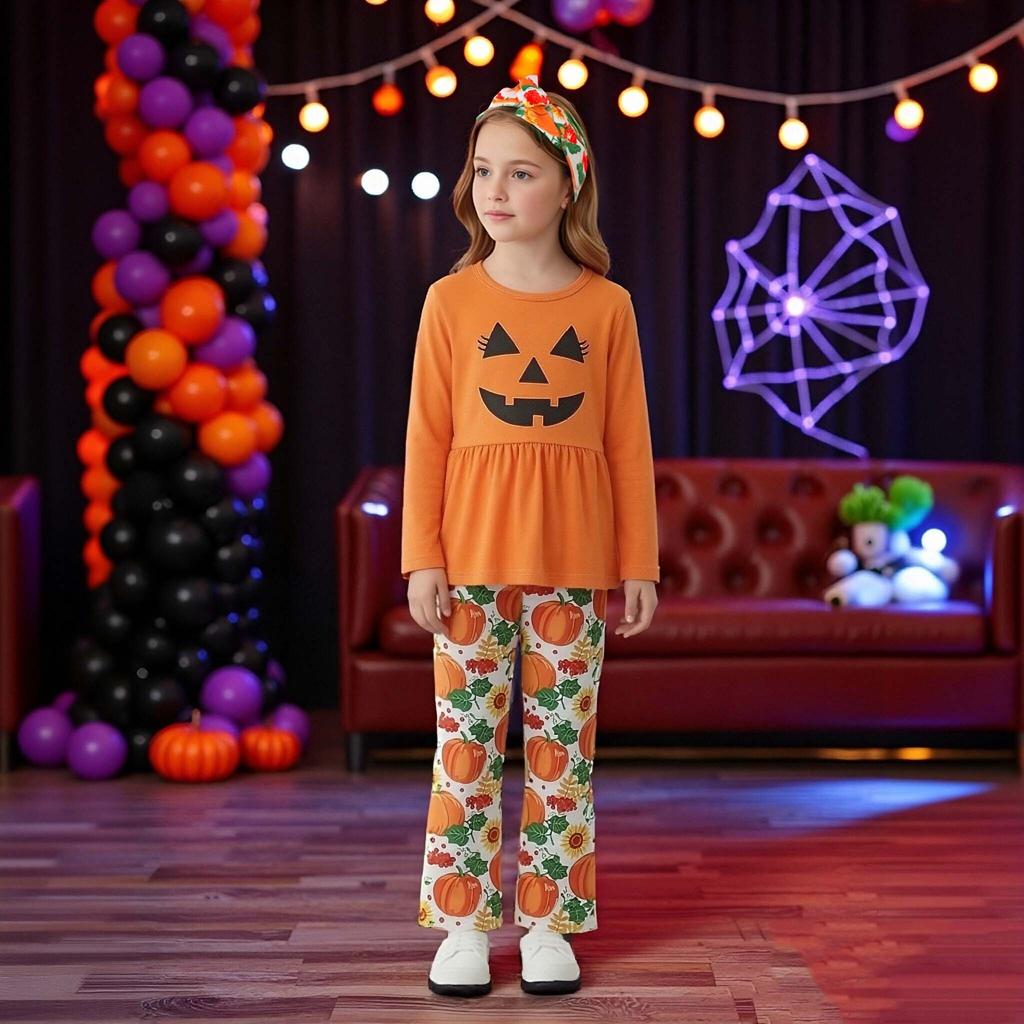 Kids Girls Halloween Outfit Spring Autumn Long Sleeve Pumpkin Printed Skirt Pants Two Piece Set Fashion Casual Children Clothing