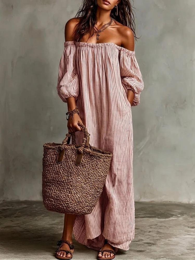 In stock, new spring women's striped off-shoulder cotton-linen vacation-style dress