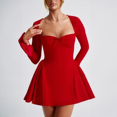 Elegant Bow Pleated Mini Dress Women's Long Sleeve A-Line Sexy Mini Dresses High Waist Women's Party Evening Dress
