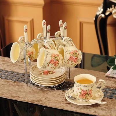 Rice Gold Rose Tea Set 800ml Bone China Teapot Coffee Cup Saucer Set Afternoon Tea Cup 225ml Drink Cup Kitchen Bar Supplies