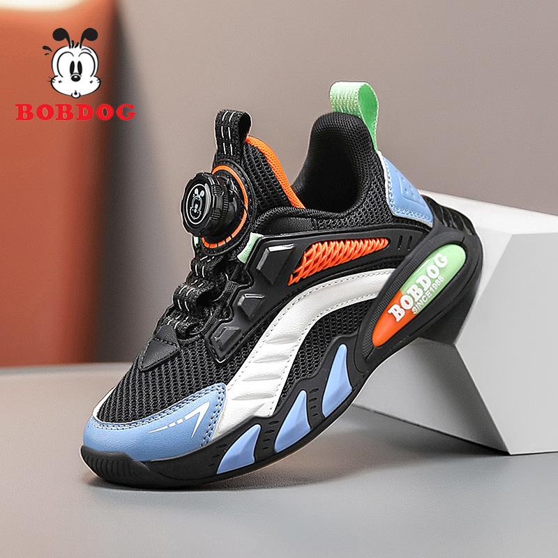 Babu Bean Classmate Boys Fleece Leather Surface Waterproof Sneakers Girls Running Shoes Middle Older Children Rotary Buckle Mesh Shoes