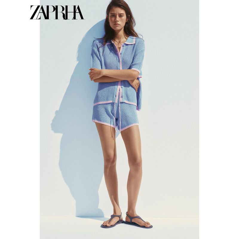 Zaprha 2025 Summer New Fashion Contrast Color Knitted Polo Shirt Short Sleeve Cardigan Outerwear 3920260