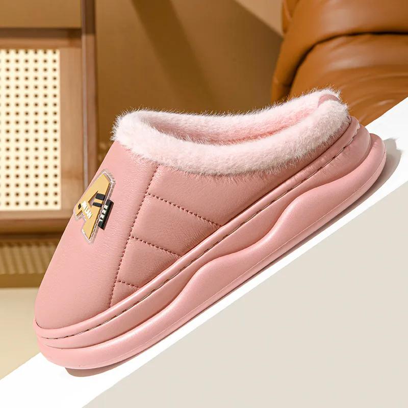 WTEMPO Couple PU Thick Flat Heel Warm Slippers Faux Leather Close-toe Autumn Winter Cotton Indoor Home Plush Slippers