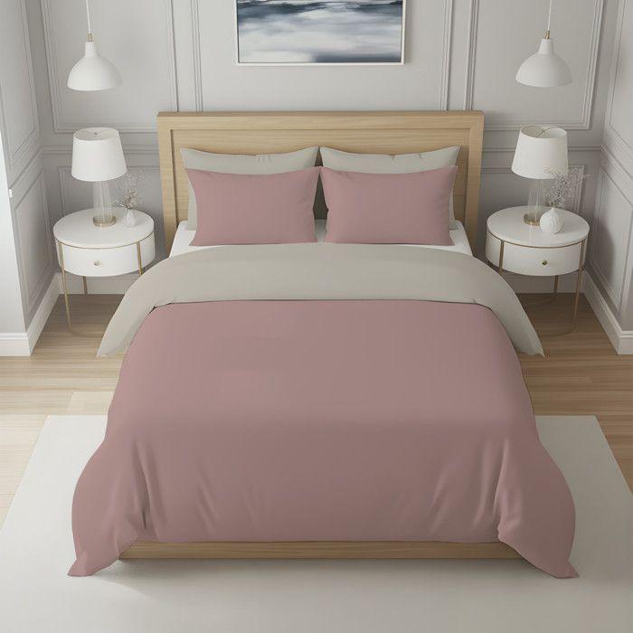 Housse de couette bicolore en coton 57 fils 260x240 cm UNI lin et vieux rose, par Soleil d'ocre