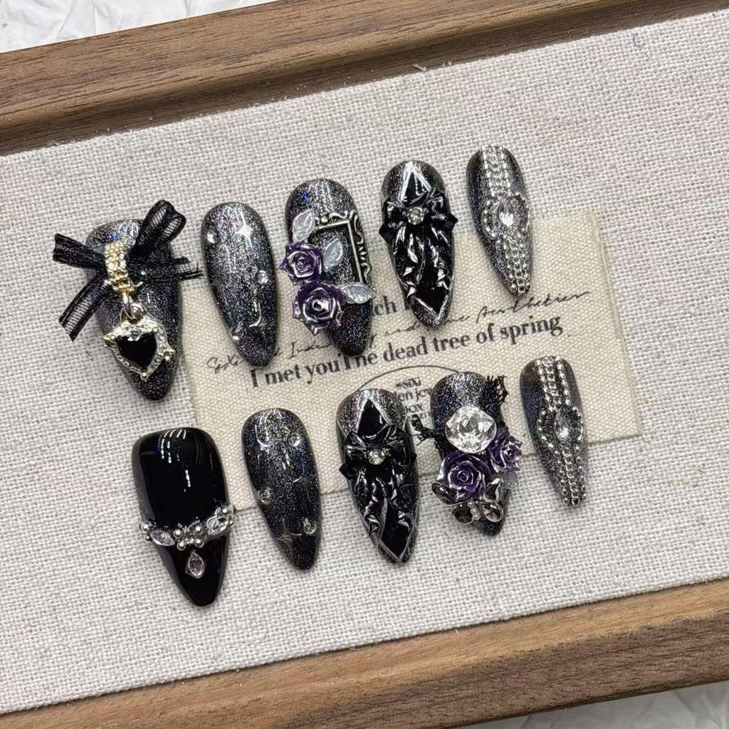 Dark Black French Almond Nails - Handmade Short Wearable for 2026 Trend