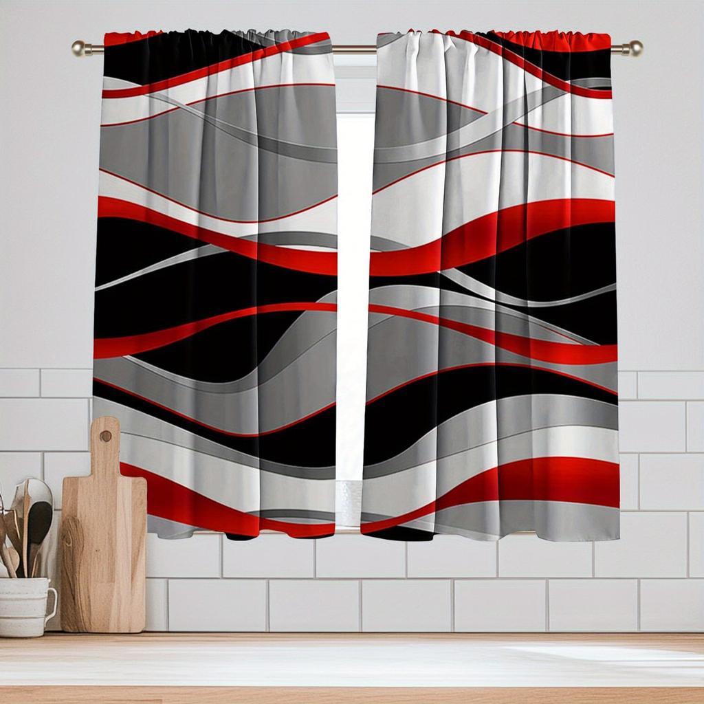 Moderne Abstrakte Wellig Rote Graue Schwarze Vorhänge Polyester Küche Café Fenster Haus Lichtfilternd Set von 2 Hergestellt Mit Stangentasche Dekor