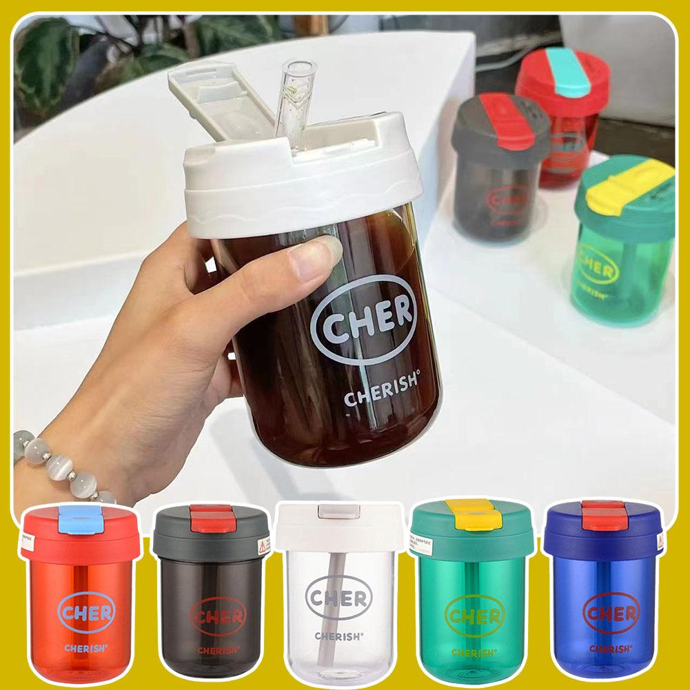 300ml Mini Straw Water Bottle Cute Anti-fall Portable Outdoor Sports Water Bottle Milk Coffee Fruit Tea Cup Couple Drinkware