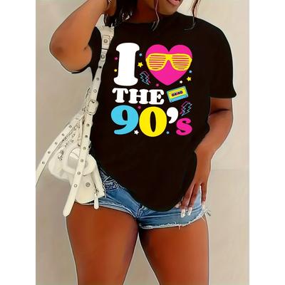European Size Womens I Love The 90's Print T Shirt Casual Crew Neck Short Sleeve Top Spring Summer Wear