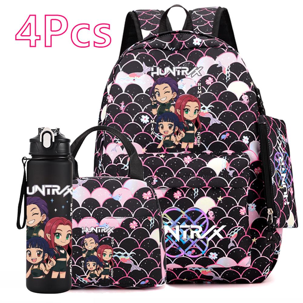 4Pcs/set Anime Cartoon Printed Backpack with Handbag Pencil Case 750Ml Water Bottler for Teenager Boy Girl Large Capacity Bookbag Schoolbag Mochila