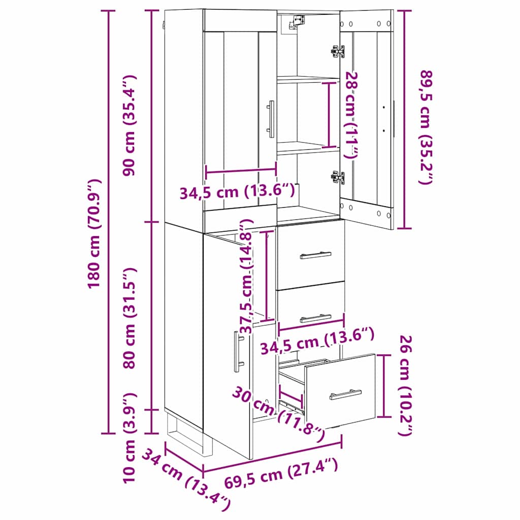 Highboard Artisan Oak 69.5 x 34 x 180 cm Particleboard