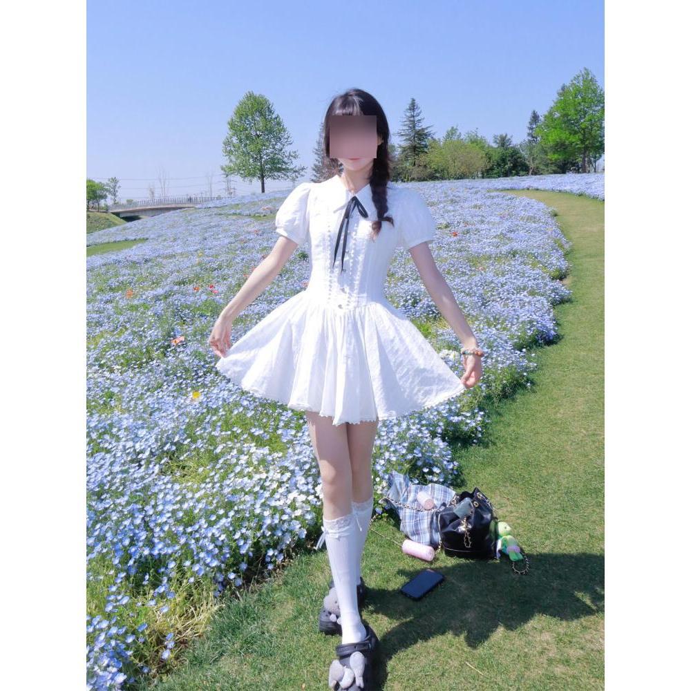 College style puff sleeve princess dress waist-cinched pleated puffy skirt white moonlight dress girl summer beauty