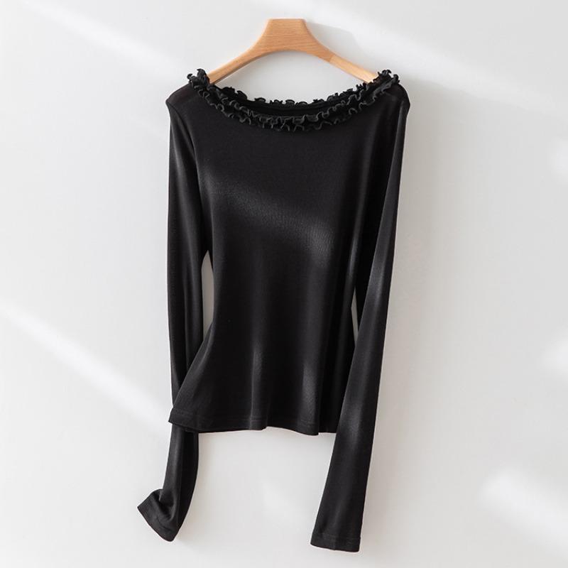 

Fungus one-word collar Tencel wool blended knitted inner bottoming shirt women s early autumn slim-fitting and thin jumper S