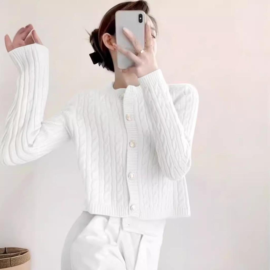 Fried Dough Twists Women's Knitted Cardigan Spring Versatile Korean Gentle Style Solid Color Slim Short Sweater Coat