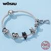 WOSTU 100% 925 Silver Cute Kitty Black Cat Charms Animal Bead for Women Fit DIY Bracelet Necklace Jewelry Gift