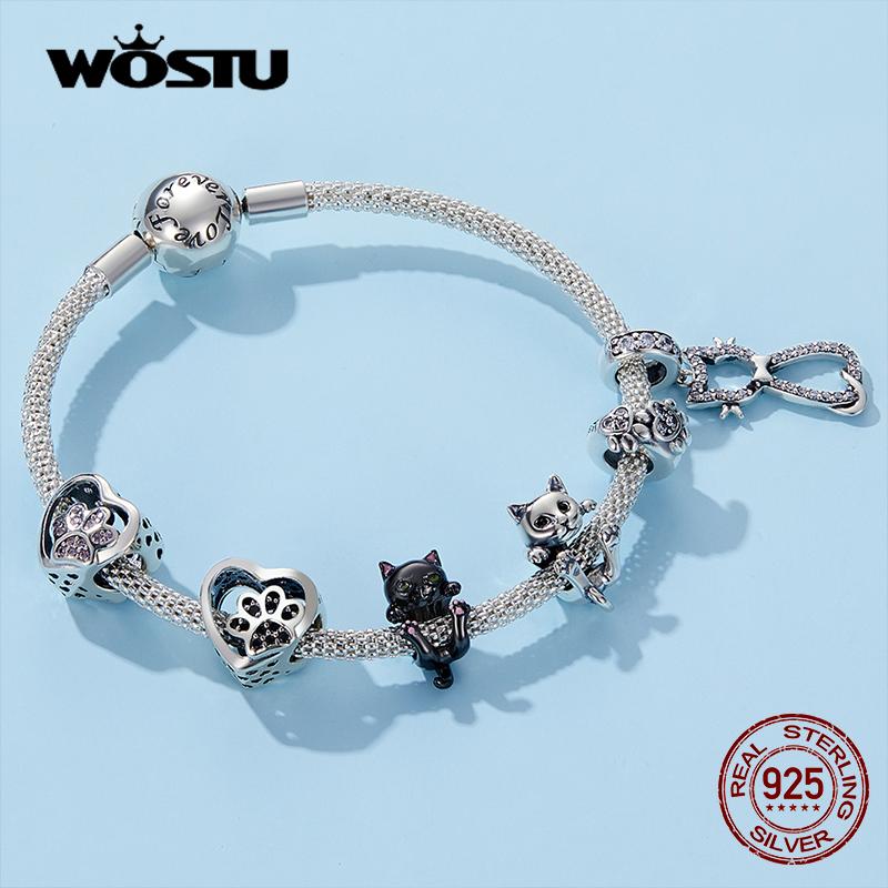 WOSTU 100% 925 Silver Cute Kitty Black Cat Charms Animal Bead for Women Fit DIY Bracelet Necklace Jewelry Gift