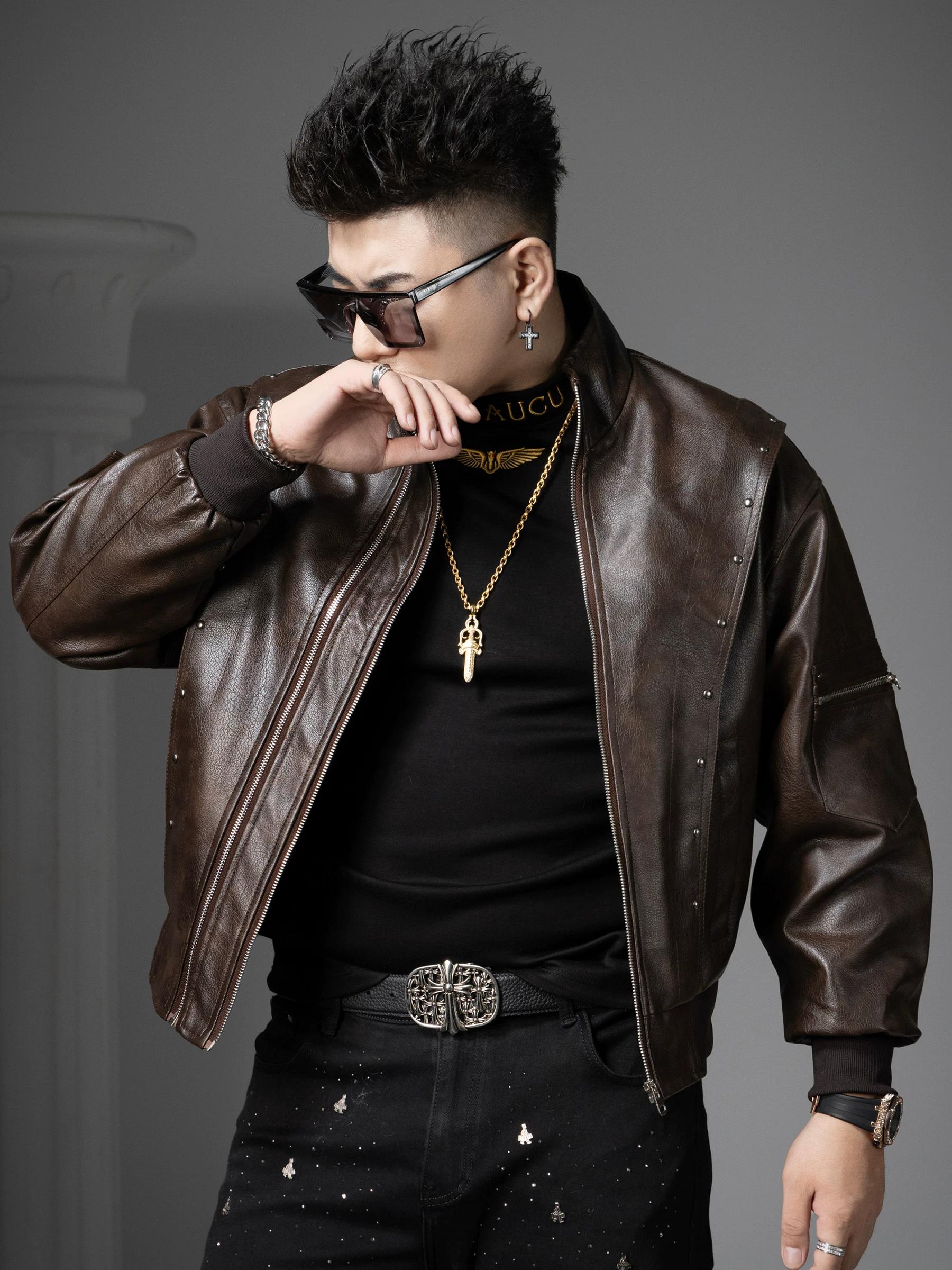 

European Style Trendy Double-Zip Leather Jacket for Men, 2025 Winter New Model, Fleece-Lined Biker Jacket with Stand Collar XL (62.5-70kg) кофейный