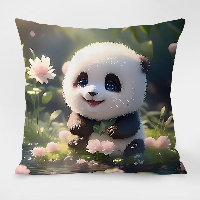 Cute Cartoon Panda Pattern Decorative Pillowcase Living Room Bedroom Square Cushion Pillowcase